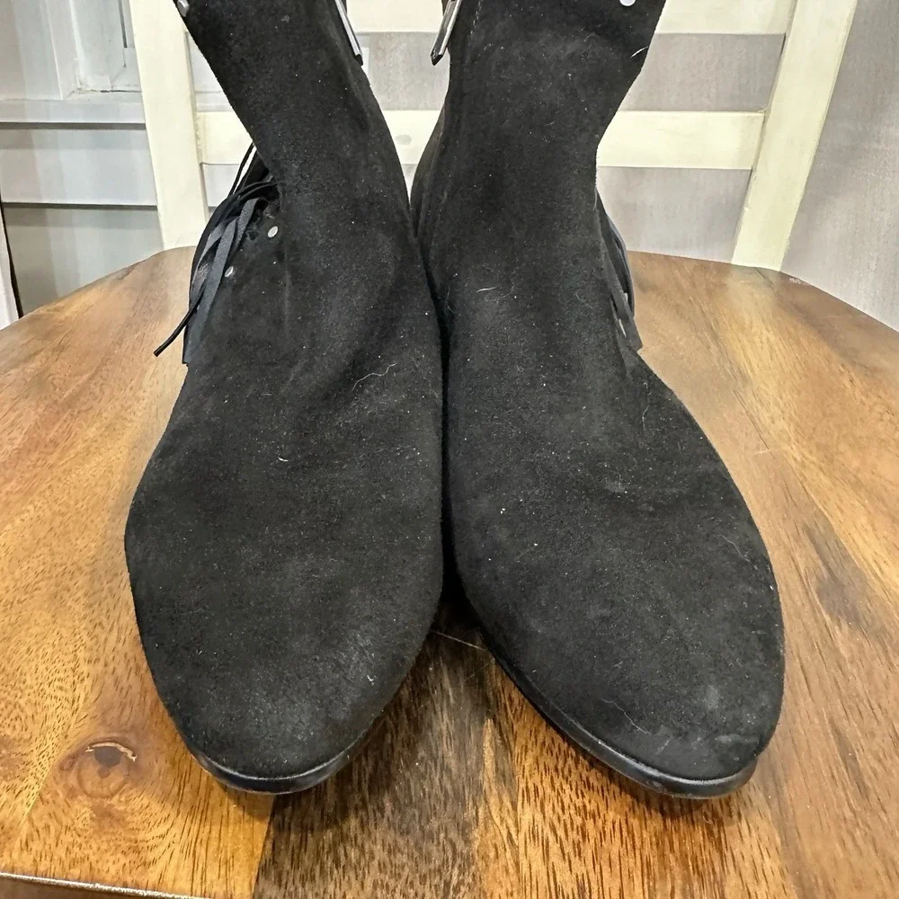 Sam Edelman Rudie Ankle Boots Womens 8 Black Suede Fringe Studded Western Bootie